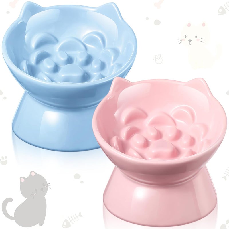 Funnymoom 2 Pcs Ceramic Elevated Slow Feeder Cat Bowl Cute Tilted Anti Vomiting Raised Cat Bowl for Dry Wet Food and Water Easy to Clean High Edge Pet for Small Dogs(Pink, Blue) - Image 1